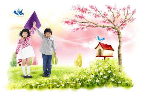 Bj그림벽지 AT244915 계절 봄 인물 벽화 꾸미기 뮤럴벽지