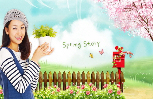 Bj그림벽지 AT244919 계절 봄 인물 벽화 꾸미기 뮤럴벽지